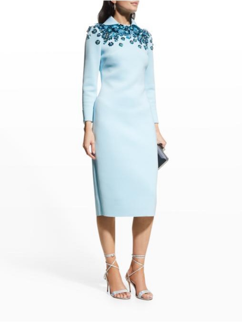 Badgley Mischka Light Blue Long-Sleeve Embellished Sheath Dress - Picture 2 of 9